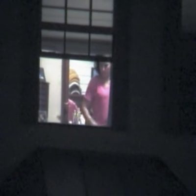 Fem is flashing her nude titties in window